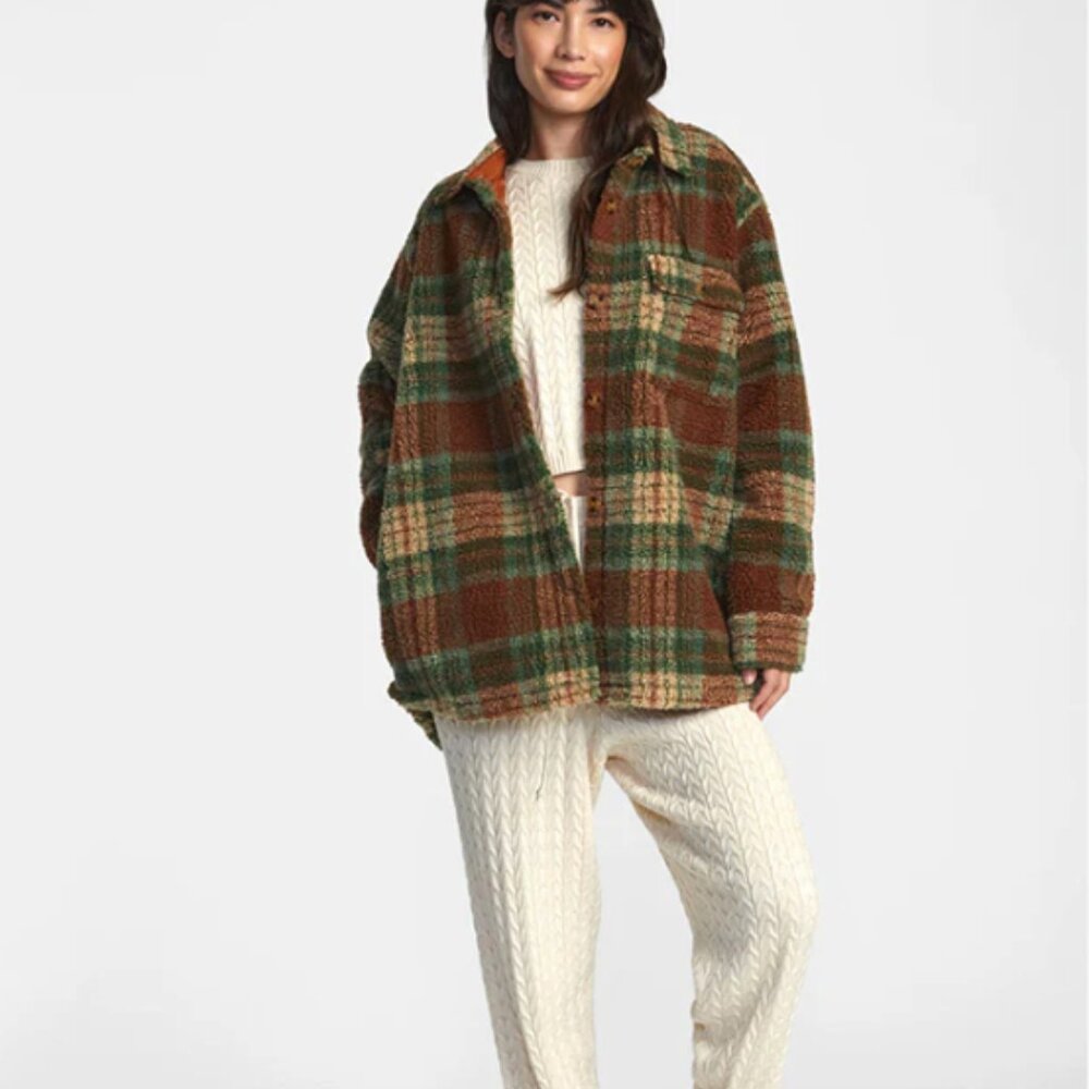 RVCA Oversized Button Down Sherpa Fleece BIRDIE SHACKET FLANNEL JACKET